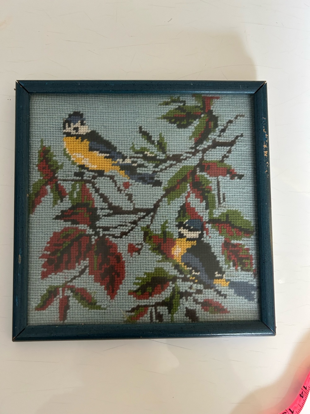 Charming Vintage Framed Bird Needlepoint in Blue, Yellow, Red, Green